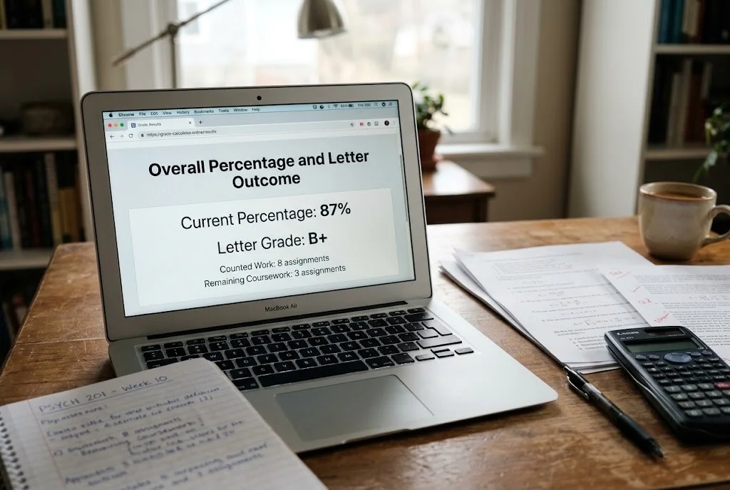 Overall percentage and letter grade outcome in Grade Calculator